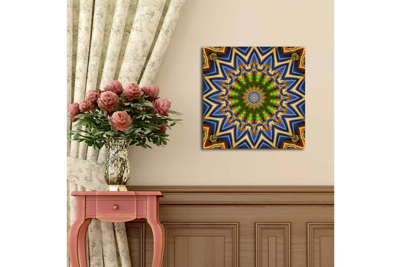 Canvastavla med LED-belysning 40x40 cm - Färgglad mandala med geometriska mönster - Grön / Blå / Guld - Inredning - Tavlor & konst - Canvastavlor