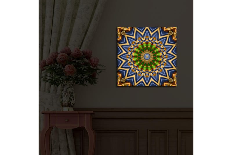 Canvastavla med LED-belysning 40x40 cm - Färgglad mandala med geometriska mönster - Grön / Blå / Guld - Inredning - Tavlor & konst - Canvastavlor