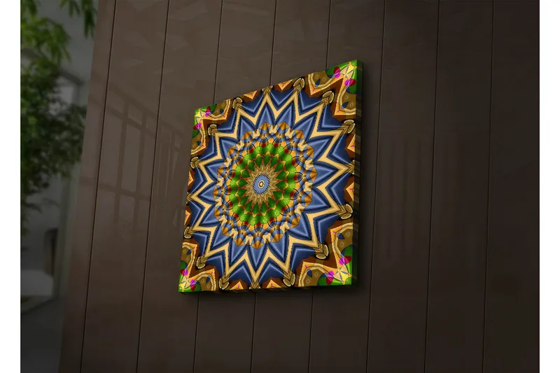 Canvastavla med LED-belysning 40x40 cm - Färgglad mandala med geometriska mönster - Grön / Blå / Guld - Inredning - Tavlor & konst - Canvastavlor