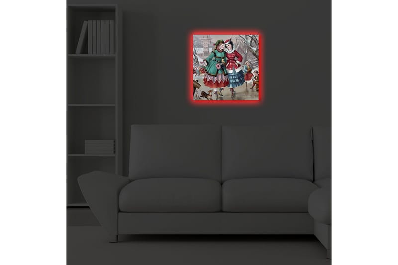 Canvastavla med LED-belysning 40x40 cm - Glada kvinnor i vinterkläder som promenerar i en snöig miljö - Grön / Röd / Blå - Inredning - Tavlor & konst - Canvastavlor