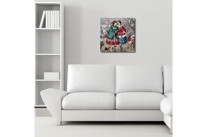 Canvastavla med LED-belysning 40x40 cm - Glada kvinnor i vinterkläder som promenerar i en snöig miljö - Grön / Röd / Blå - Inredning - Tavlor & konst - Canvastavlor