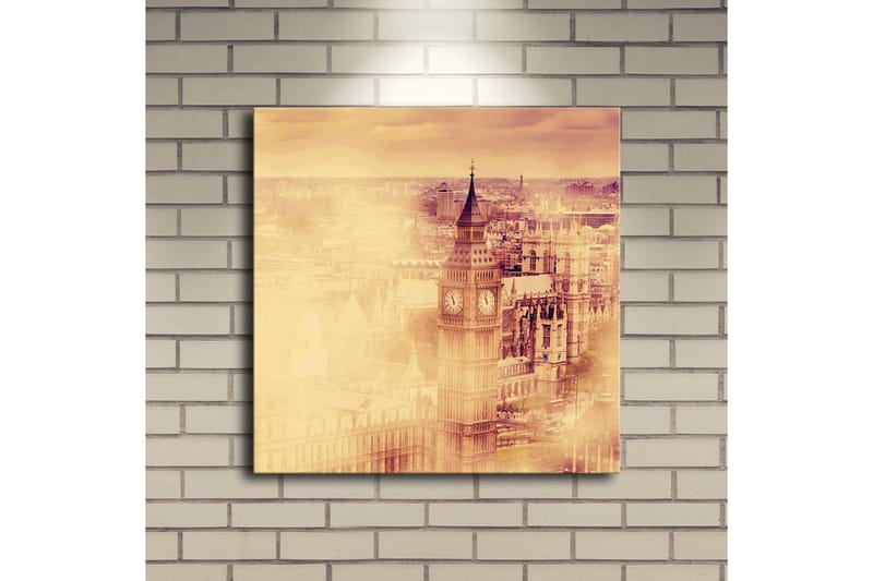 Canvastavla med LED-belysning 40x40 cm - Historisk stadsbild med klocktorn och byggnader - Guld / Beige / Brunt - Inredning - Tavlor & konst - Canvastavlor