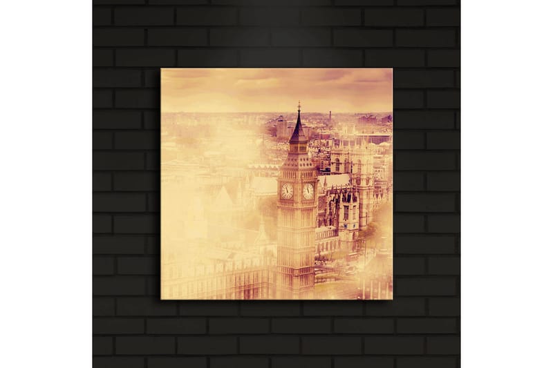 Canvastavla med LED-belysning 40x40 cm - Historisk stadsbild med klocktorn och byggnader - Guld / Beige / Brunt - Inredning - Tavlor & konst - Canvastavlor