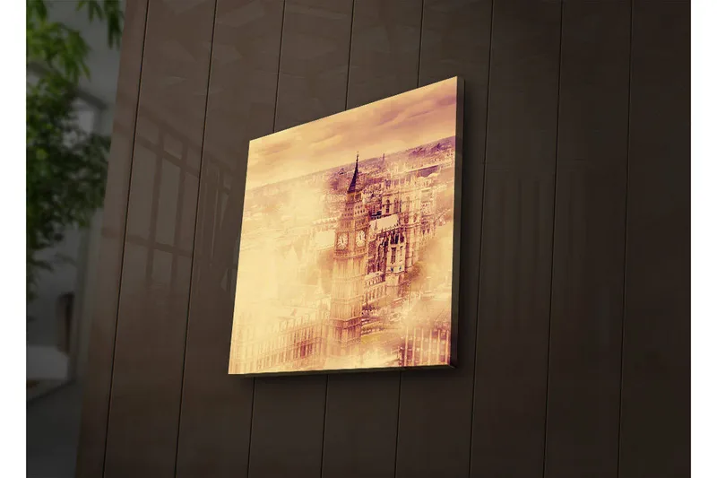 Canvastavla med LED-belysning 40x40 cm - Historisk stadsbild med klocktorn och byggnader - Guld / Beige / Brunt - Inredning - Tavlor & konst - Canvastavlor