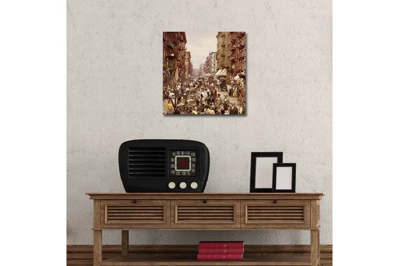 Canvastavla med LED-belysning 40x40 cm - Livlig gata med människor och marknadsstånd - Brun / Beige / Grön - Inredning - Tavlor & konst - Canvastavlor