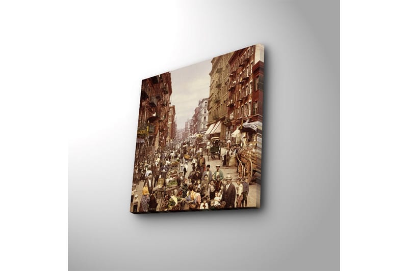 Canvastavla med LED-belysning 40x40 cm - Livlig gata med människor och marknadsstånd - Brun / Beige / Grön - Inredning - Tavlor & konst - Canvastavlor