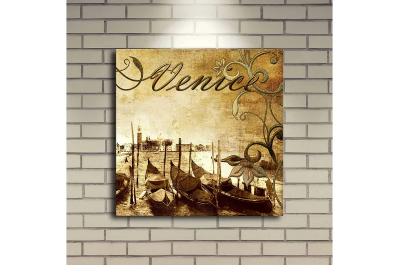 Canvastavla med LED-belysning 40x40 cm - Nostalgisk vy av venetianska gondoler vid en kanal - Brun / Beige / Grön - Inredning - Tavlor & konst - Canvastavlor