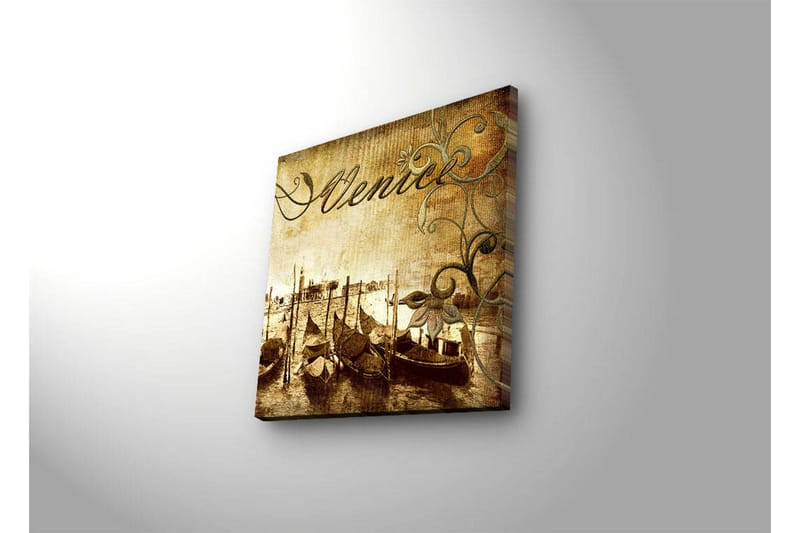 Canvastavla med LED-belysning 40x40 cm - Nostalgisk vy av venetianska gondoler vid en kanal - Brun / Beige / Grön - Inredning - Tavlor & konst - Canvastavlor