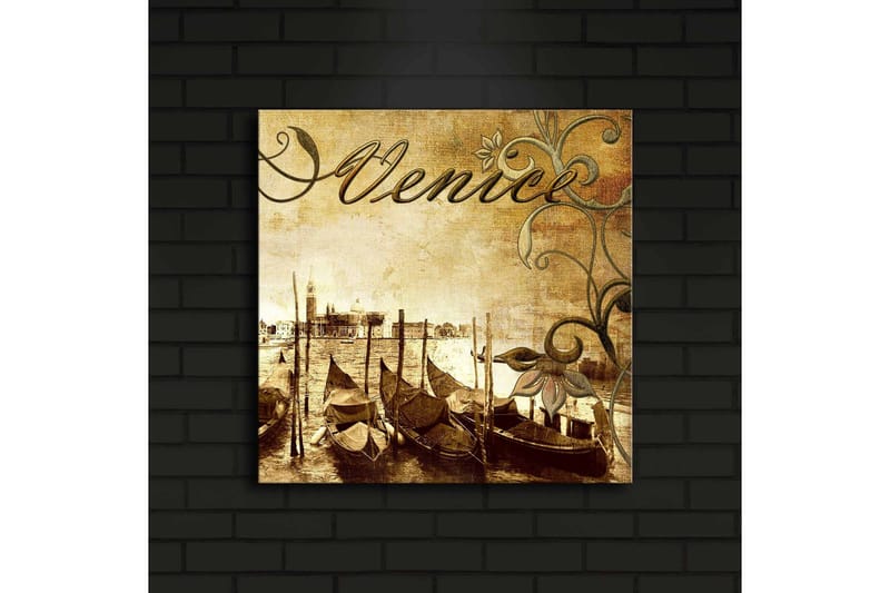 Canvastavla med LED-belysning 40x40 cm - Nostalgisk vy av venetianska gondoler vid en kanal - Brun / Beige / Grön - Inredning - Tavlor & konst - Canvastavlor