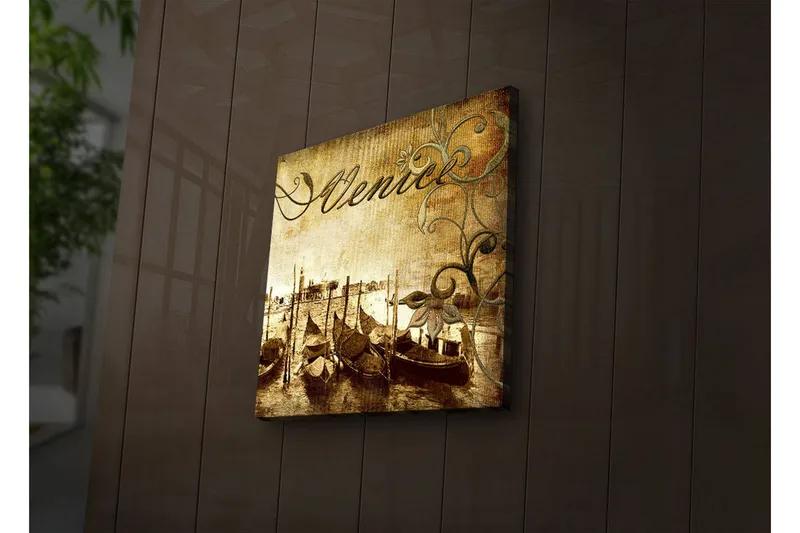 Canvastavla med LED-belysning 40x40 cm - Nostalgisk vy av venetianska gondoler vid en kanal - Brun / Beige / Grön - Inredning - Tavlor & konst - Canvastavlor