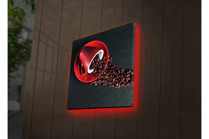 Canvastavla med LED-belysning 40x40 cm - Röd kaffekopp med kaffebönor som sprider sig över en mörk yta, Röd / Svart / Brun