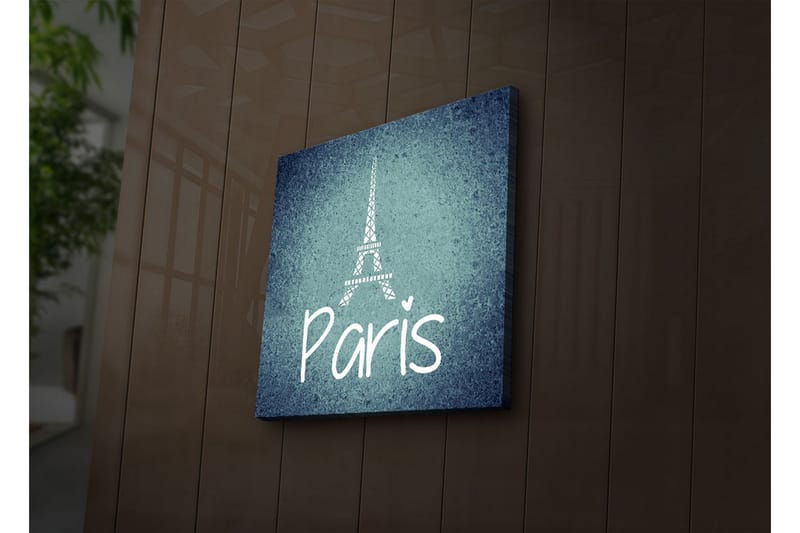 Canvastavla med LED-belysning 40x40 cm - Siluett av Eiffeltornet med texten Paris, Mörkblå / Ljusblå / Vit