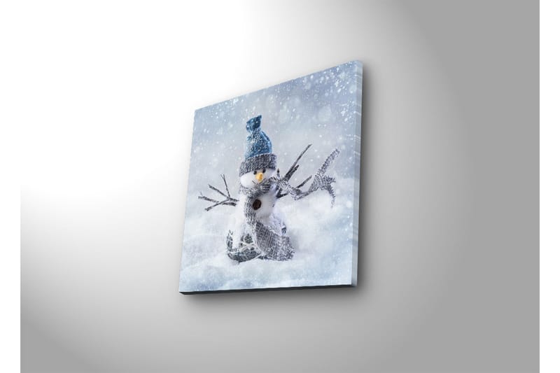 Canvastavla med LED-belysning 40x40 cm - Snögubbe i vinterlandskap med snöfall - Vit / Blå / Grå - Inredning - Tavlor & konst - Canvastavlor
