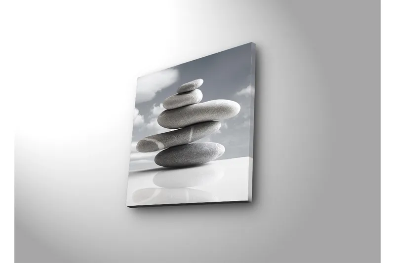 Canvastavla med LED-belysning 40x40 cm - Stapel av grå stenar i harmonisk balans - Grå / Vit - Inredning - Tavlor & konst - Canvastavlor