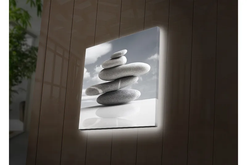 Canvastavla med LED-belysning 40x40 cm - Stapel av grå stenar i harmonisk balans - Grå / Vit - Inredning - Tavlor & konst - Canvastavlor