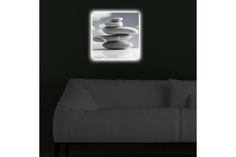 Canvastavla med LED-belysning 40x40 cm - Stapel av grå stenar i harmonisk balans - Grå / Vit - Inredning - Tavlor & konst - Canvastavlor
