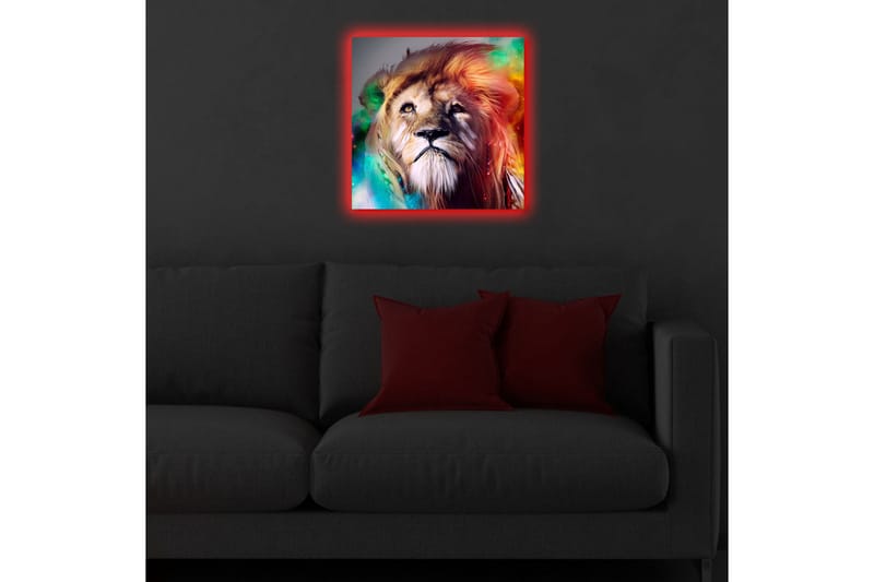 Canvastavla med LED-belysning 40x40 cm - Storslagen lejonhuvud med färgglada detaljer - Guld / Grön / Röd - Inredning - Tavlor & konst - Canvastavlor