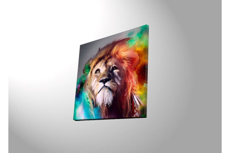 Canvastavla med LED-belysning 40x40 cm - Storslagen lejonhuvud med färgglada detaljer - Guld / Grön / Röd - Inredning - Tavlor & konst - Canvastavlor