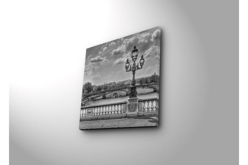 Canvastavla med LED-belysning 40x40 cm - Svartvit stadsbild med en elegant gatulampa vid en bro - Svart / Vitt / Grått - Inredning - Tavlor & konst - Canvastavlor