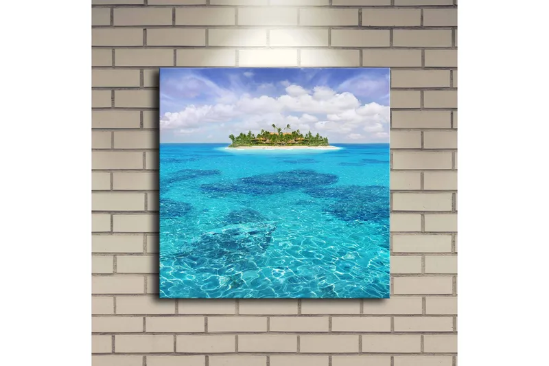 Canvastavla med LED-belysning 40x40 cm - Tropisk ö omgiven av klart blått vatten - Blå / Turkos / Grön - Inredning - Tavlor & konst - Canvastavlor