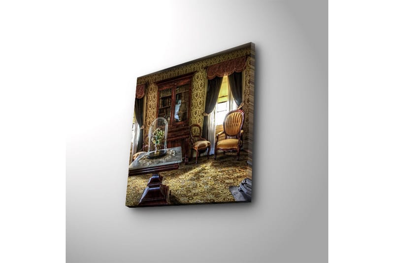 Canvastavla med LED-belysning 40x40 cm - Välkomnande inredning med antika möbler och blommor under glasmonter - Guld / Brun / Grön - Inredning - Tavlor & konst - Canvastavlor