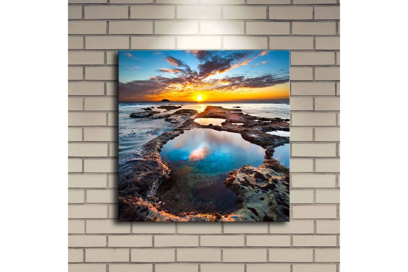 Canvastavla med LED-belysning 40x40 cm - Vacker solnedgång över klippiga kuster med reflektioner i vattnet - Blå / Orange / Turkos - Inredning - Tavlor & konst - Canvastavlor