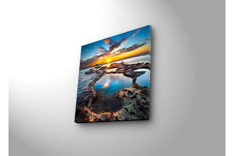 Canvastavla med LED-belysning 40x40 cm - Vacker solnedgång över klippiga kuster med reflektioner i vattnet - Blå / Orange / Turkos - Inredning - Tavlor & konst - Canvastavlor