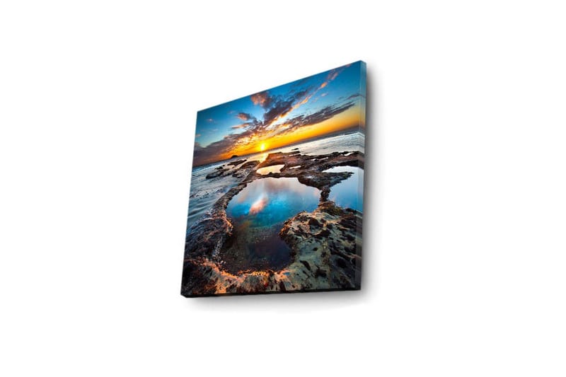 Canvastavla med LED-belysning 40x40 cm - Vacker solnedgång över klippiga kuster med reflektioner i vattnet - Blå / Orange / Turkos - Inredning - Tavlor & konst - Canvastavlor