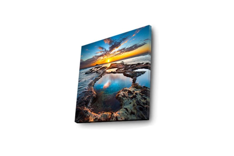 Canvastavla med LED-belysning 40x40 cm - Vacker solnedgång över klippiga kuster med reflektioner i vattnet - Blå / Orange / Turkos - Inredning - Tavlor & konst - Canvastavlor