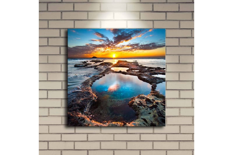 Canvastavla med LED-belysning 40x40 cm - Vacker solnedgång över klippiga kuster med reflektioner i vattnet - Blå / Orange / Turkos - Inredning - Tavlor & konst - Canvastavlor