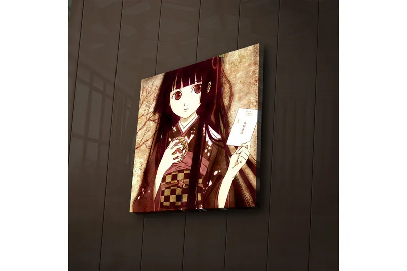 Canvastavla med LED-belysning 40x40 cm - Porträtt av en ung kvinna i traditionell klädsel med en kopp och ett brev i handen - Mörkröd / Beige / Svart - Inredning - Tavlor & konst - Canvastavlor