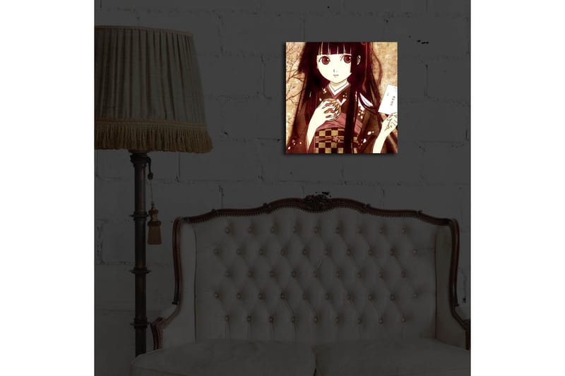 Canvastavla med LED-belysning 40x40 cm - Porträtt av en ung kvinna i traditionell klädsel med en kopp och ett brev i handen - Mörkröd / Beige / Svart - Inredning - Tavlor & konst - Canvastavlor