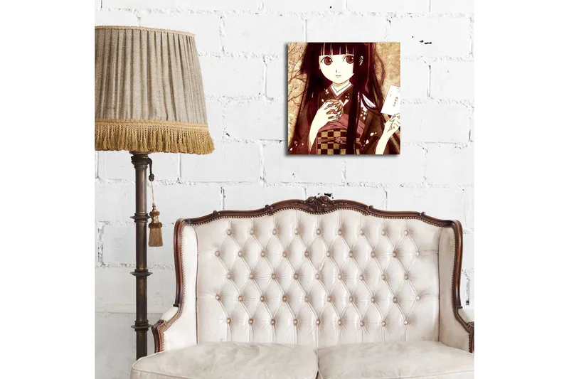 Canvastavla med LED-belysning 40x40 cm - Porträtt av en ung kvinna i traditionell klädsel med en kopp och ett brev i handen - Mörkröd / Beige / Svart - Inredning - Tavlor & konst - Canvastavlor