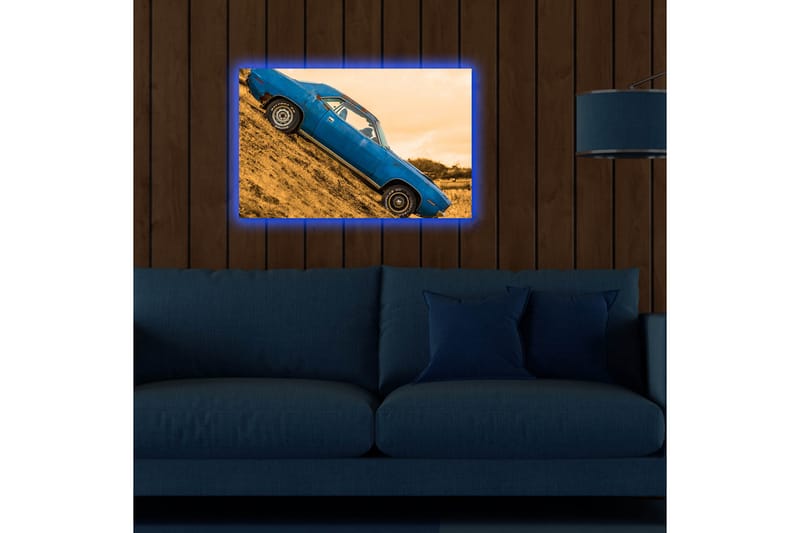 Canvastavla med LED-belysning 45x70 cm - Blå klassisk bil på en lutande väg - Blå / Gulbrun - Inredning - Tavlor & konst - Canvastavlor