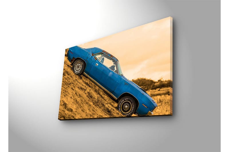 Canvastavla med LED-belysning 45x70 cm - Blå klassisk bil på en lutande väg - Blå / Gulbrun - Inredning - Tavlor & konst - Canvastavlor