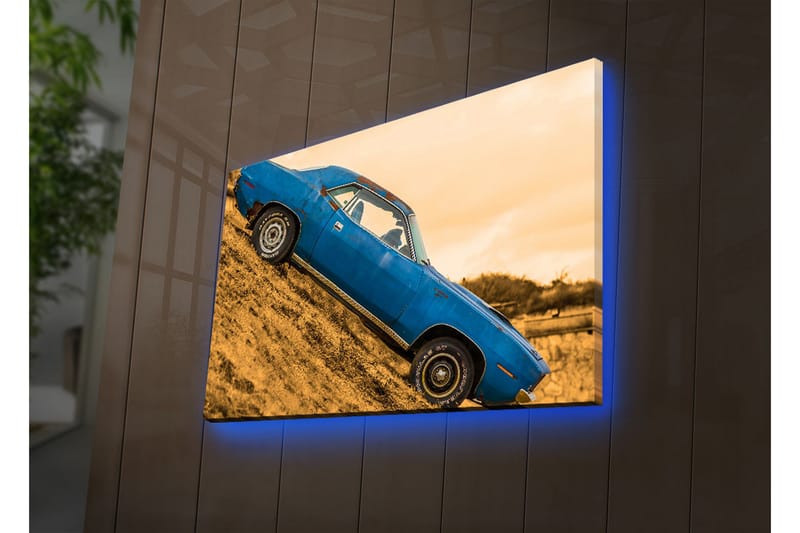 Canvastavla med LED-belysning 45x70 cm - Blå klassisk bil på en lutande väg - Blå / Gulbrun - Inredning - Tavlor & konst - Canvastavlor