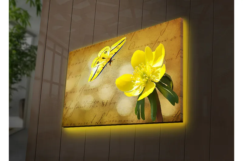 Canvastavla med LED-belysning 45x70 cm - Färgglad fjäril och blomma på en mjukt tonad bakgrund - Gul / Grön / Beige - Inredning - Tavlor & konst - Canvastavlor