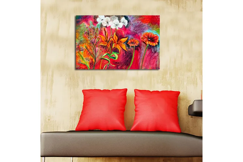 Canvastavla med LED-belysning 45x70 cm - Färgrik bukett av blommor i livfulla nyanser - Röd / Orange / Grön - Inredning - Tavlor & konst - Canvastavlor