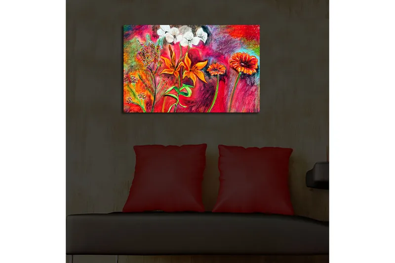 Canvastavla med LED-belysning 45x70 cm - Färgrik bukett av blommor i livfulla nyanser - Röd / Orange / Grön - Inredning - Tavlor & konst - Canvastavlor