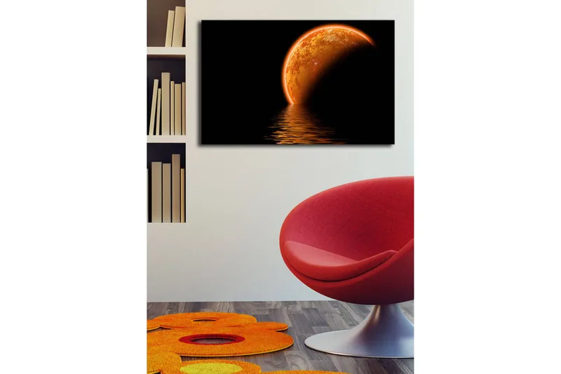Canvastavla med LED-belysning 45x70 cm - Glödande planet som speglas i en mörk vattenyta - Orange / Svart - Inredning - Tavlor & konst - Canvastavlor