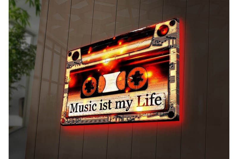 Canvastavla med LED-belysning 45x70 cm - Kassettband med texten Music ist my Life, Svart / Orange / Vit