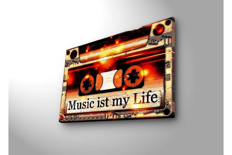 Canvastavla med LED-belysning 45x70 cm - Kassettband med texten Music ist my Life - Svart / Orange / Vit - Inredning - Tavlor & konst - Canvastavlor