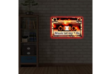 Canvastavla med LED-belysning 45x70 cm - Kassettband med texten Music ist my Life - Svart / Orange / Vit - Inredning - Tavlor & konst - Canvastavlor