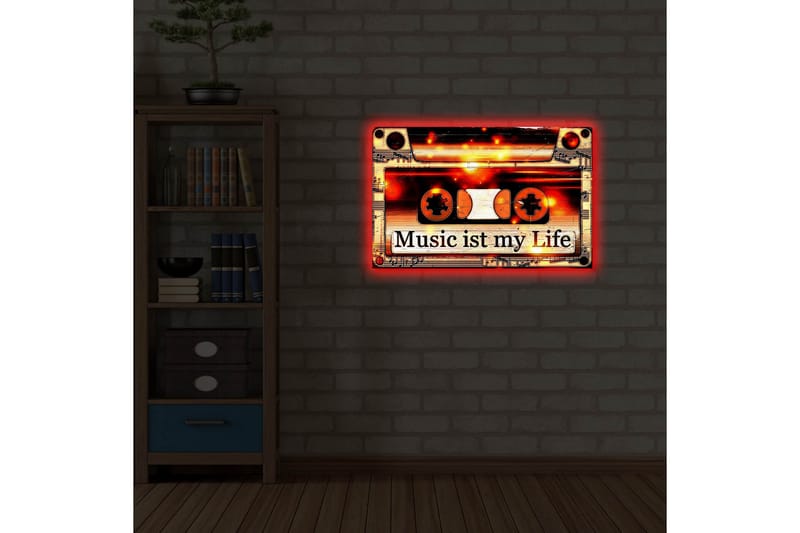 Canvastavla med LED-belysning 45x70 cm - Kassettband med texten Music ist my Life - Svart / Orange / Vit - Inredning - Tavlor & konst - Canvastavlor