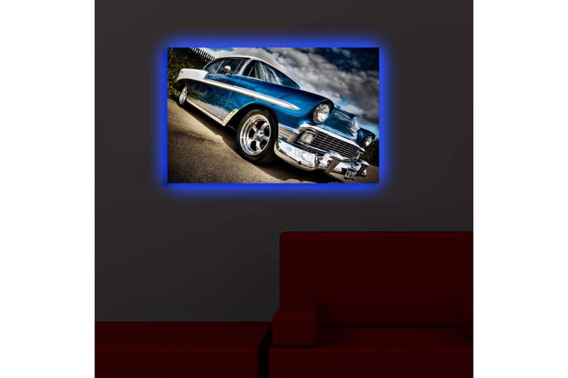 Canvastavla med LED-belysning 45x70 cm - Klassisk bil i retrostil med glänsande kromdetaljer - Blå / Silver / Svart - Inredning - Tavlor & konst - Canvastavlor
