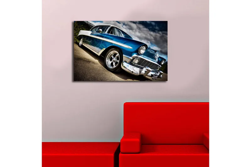 Canvastavla med LED-belysning 45x70 cm - Klassisk bil i retrostil med glänsande kromdetaljer - Blå / Silver / Svart - Inredning - Tavlor & konst - Canvastavlor
