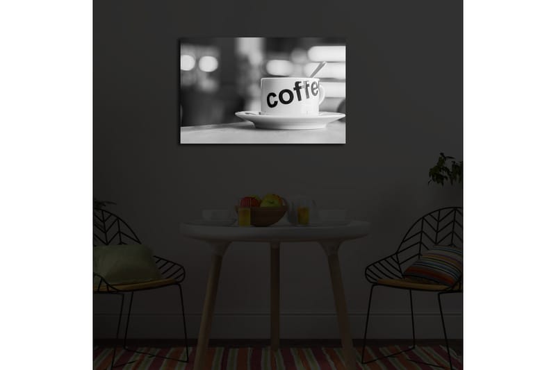 Canvastavla med LED-belysning 45x70 cm - Kopp med texten coffee på en tallrik - Vit / Svart - Inredning - Tavlor & konst - Canvastavlor