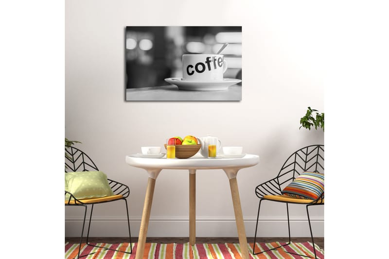 Canvastavla med LED-belysning 45x70 cm - Kopp med texten coffee på en tallrik - Vit / Svart - Inredning - Tavlor & konst - Canvastavlor