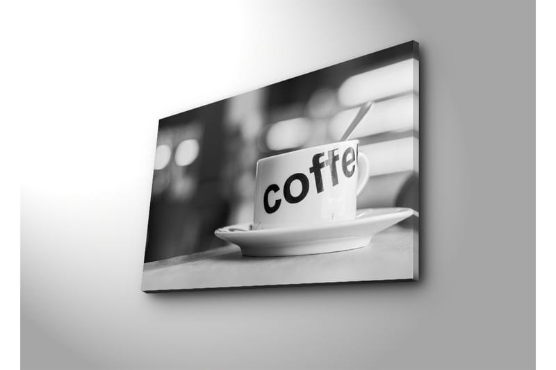Canvastavla med LED-belysning 45x70 cm - Kopp med texten coffee på en tallrik - Vit / Svart - Inredning - Tavlor & konst - Canvastavlor