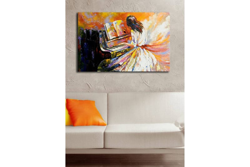 Canvastavla med LED-belysning 45x70 cm - Kvinna i vit klänning som spelar piano med färgstarka, abstrakta bakgrunder - Orange / Vit / Svart - Inredning - Tavlor & konst - Canvastavlor